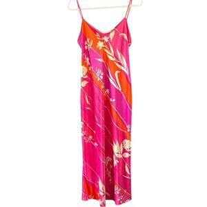 Natori Women’s Floral Slip Dress Small Maxi Pink Orange Satin Midi Tropical